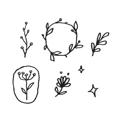 Set of floral wreath hand drawn illustration in childlike style