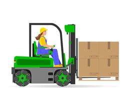 Green omnidirectional forklift with driver woman isolated on white background. Electric uploader. Delivery, logistic and shipping cargo. Warehouse and storage equipment. Vector illustration.