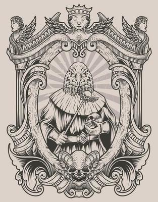illustration scary eagle satan on engraving ornament frame