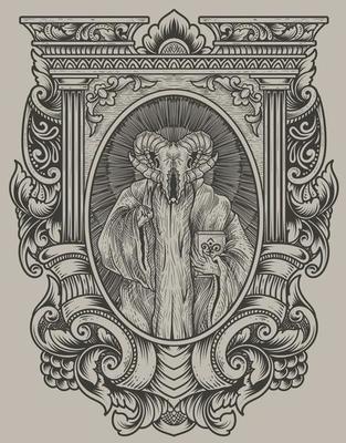 illustration scary goat skull on engraving ornament frame