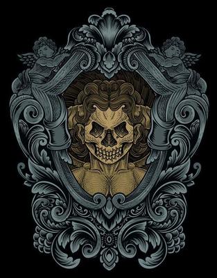 illustration demonic angel skull with engraving ornament frame