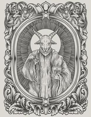 illustration scary baphomet on engraving ornament