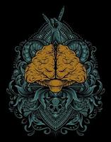 illustration antique brain with engraving style vector