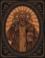 illustration demon with engraving frame vector