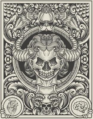 illustration demonic angel skull with engraving ornament frame