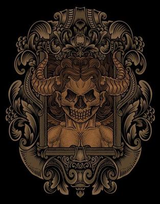 illustration demonic angel skull with engraving ornament frame