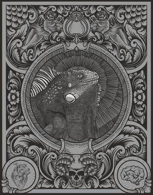 illustration vintage iguana with engraving ornament frame