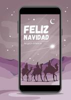 Three kings riding, camel on mobile phone vector