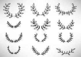 Black thin line wreath of hand drawn branches and leaves isolated on white background. Floral round frame. Laurel. vector