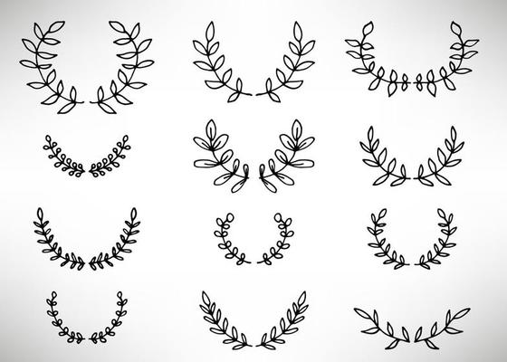 Black thin line wreath of hand drawn branches and leaves isolated on white background. Floral round frame. Laurel.