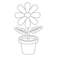 Thin line cartoon flower in pot isolated on white background. Coloring book page. vector