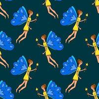 Happy fantasy doodle fairy flying with magic wand seamless pattern. vector