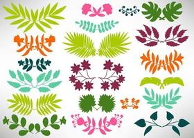 Big Floral Set of colorful palm leaves, flowers, bushes, branches isolated on white. Collection of flourish elements for design. vector