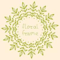 Hand drawn round floral frame with branches, leaves and dots isolated on white background. Green wreath. vector