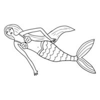 Cute doodle pretty mermaid swimming isolated on white background. Underwater creature. vector