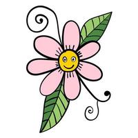 Colorful cartoon doodle floral element isolated on white background. Flower character with leaves and curls. vector