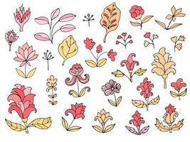 Colorful flowers, branches, leaves isolated on white background. vector