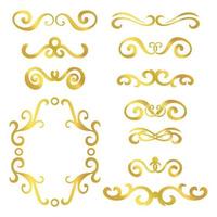 Set of gold abstract curly headers, design element set isolated on white background. Hand drawn golden swirls. Floral round frame, wreath, dividers, calligraphic shapes. vector
