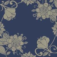 Floral invitation card with round thin line frame. Paradise fantasy flowers with curls, leaves isolated on navy blue. Tropical doodle floral border, frame. vector