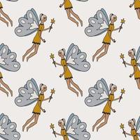 Happy fantasy doodle fairy flying with magic wand seamless pattern. vector