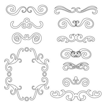 Set of black abstract curly headers, design element set isolated on white background. Hand drawn black swirls. Floral round frame, wreath, dividers, calligraphic shapes. vector