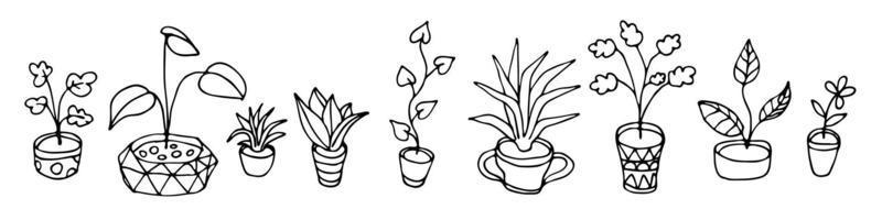 Thin line cute flowers in pots isolated on white background. vector