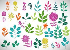 conjunto floral de elementos coloridos del doodle, rama de árbol, arbusto, planta, hojas, flores, pétalos de ramas aislados en blanco. colección de florecer elementos para el diseño. vector