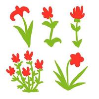 conjunto de flores rojas dibujadas a mano aisladas sobre fondo blanco. vector