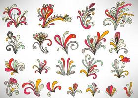 Set of colorful doodle floral elements with flowers, curls, branches and leaves isolated on white background. Damask elements, calligraphic shapes. vector