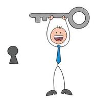 El empresario stickman sostiene la llave y está muy feliz, con el ojo de la cerradura al lado, ilustración vectorial de dibujos animados de contorno dibujado a mano. vector