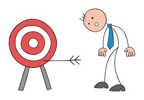 Stickman businessman is very confused as he failed to hit the target, hand drawn outline cartoon vector illustration.