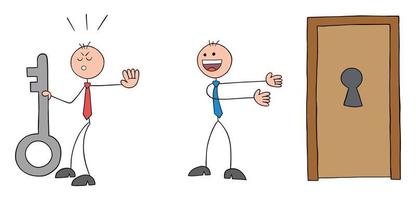 Stickman businessman holds the key and the other stickman businessman asks him to unlock the door with that key, but he refuses, hand drawn outline cartoon vector illustration.