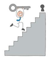 Stickman businessman runs to unlock the keyhole at the top of the ladder carrying the key and is very happy, hand drawn outline cartoon vector illustration.