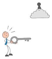 Stickman businessman is holding the key, but the keyhole is in an interesting place, above the cloud, and he is very confused, hand drawn outline cartoon vector illustration.