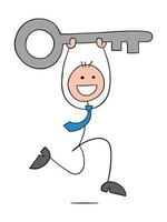 Stickman businessman happy and carries the big key, runs, hand drawn outline cartoon vector illustration.