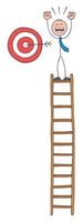 Stickman businessman has climbed to the top of the wooden ladder and is very happy to have hit the target, hand drawn outline cartoon vector illustration.