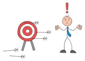 Stickman businessman shot at the bulls eye and none of the arrows hit the target, hand drawn outline cartoon vector illustration.