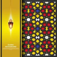Fondo de banner de tarjeta de felicitación islámica con detalles coloridos ornamentales de mosaico floral ornamento de arte islámico vector