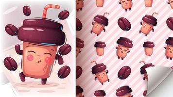 Cartoon character dance coffee with grain - seamless pattern vector