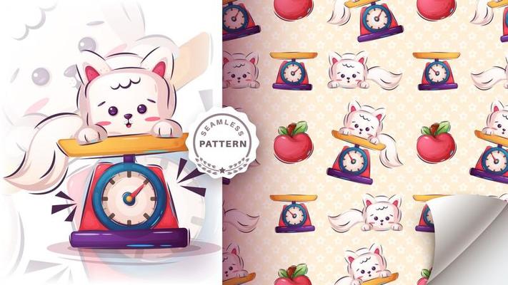 Cute pet animal cat in scale - seamless pattern