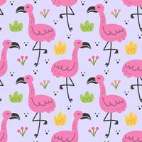 Wild animal childish seamless pattern background wallpaper paper Flamingo bird with herbs grass Vector design for children Packaging design