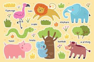 Wild animals stickers sheet set Elephant lion flamingo snake hippo koala warthog Vector design for children Isolated on background