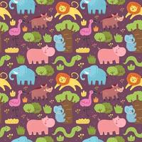 Wild animals endangered species Seamless pattern texture background Elephant lion flamingo snake hippo koala warthog Vector design for children Editable background Park safari zoo