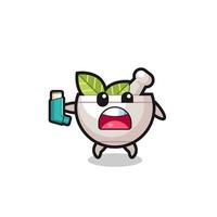 herbal bowl mascot having asthma while holding the inhaler vector