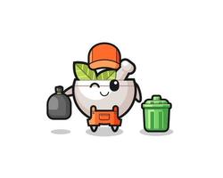 the mascot of cute herbal bowl as garbage collector vector