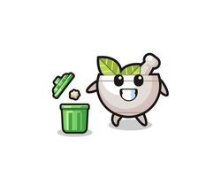 illustration of the herbal bowl throwing garbage in the trash can vector