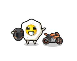 cute fried egg cartoon as a motorcycle racer vector