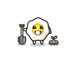 cute fried egg cartoon is planting a tree seed vector