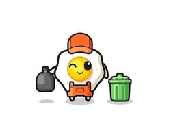 the mascot of cute fried egg as garbage collector vector