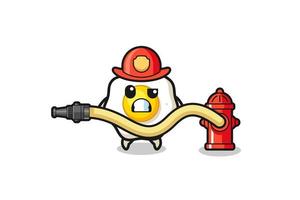 fried egg cartoon as firefighter mascot with water hose vector